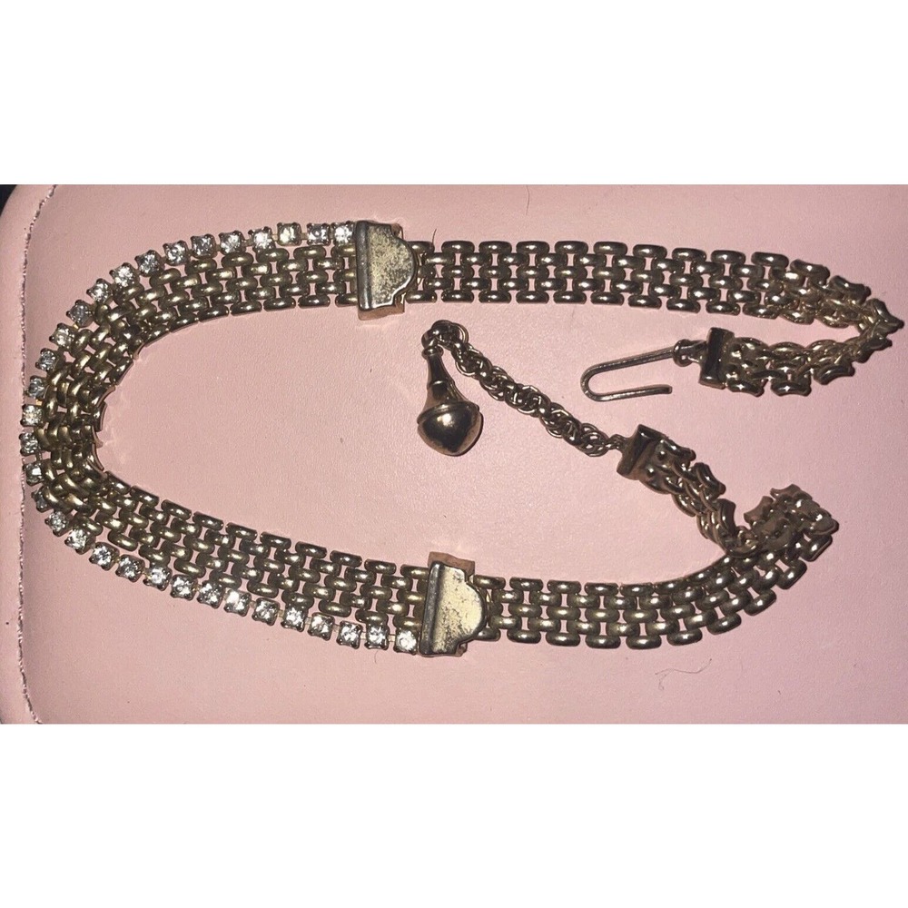 VINTAGE Gold Tone Wide Chain Panther Link Necklace Clear Rhinestone Choker